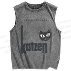 Unisex Art Cat Printed Washed Tank Top