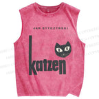 Unisex Art Cat Printed Washed Tank Top