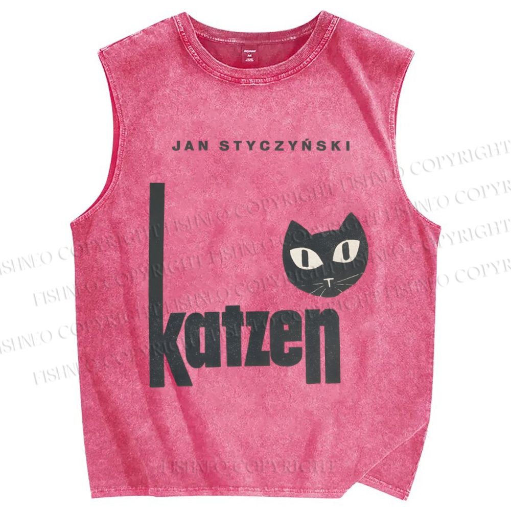 Unisex Art Cat Printed Washed Tank Top