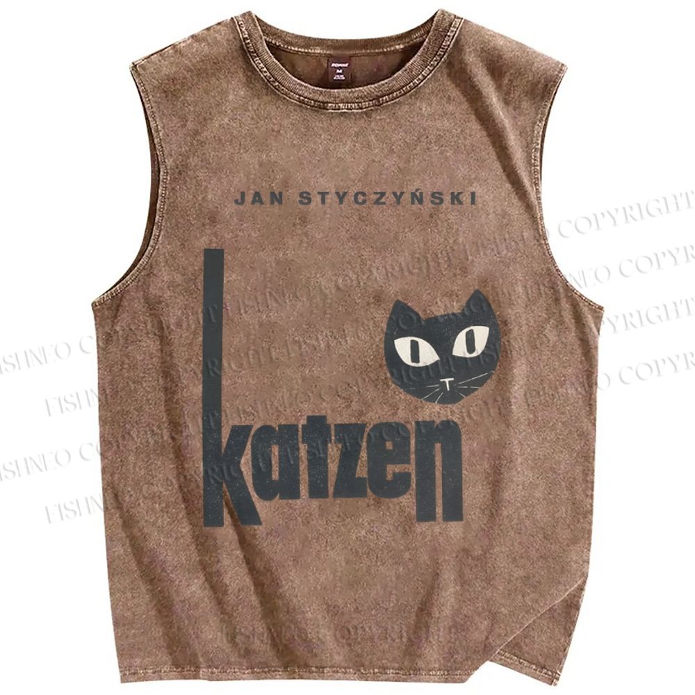 Unisex Art Cat Printed Washed Tank Top