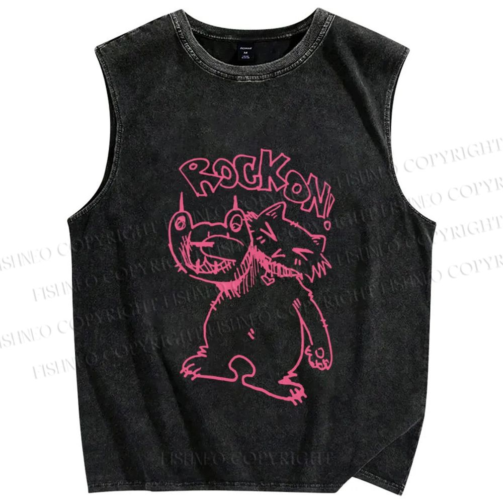 Unisex Punk Cat Rock On Printed Washed Tank Top
