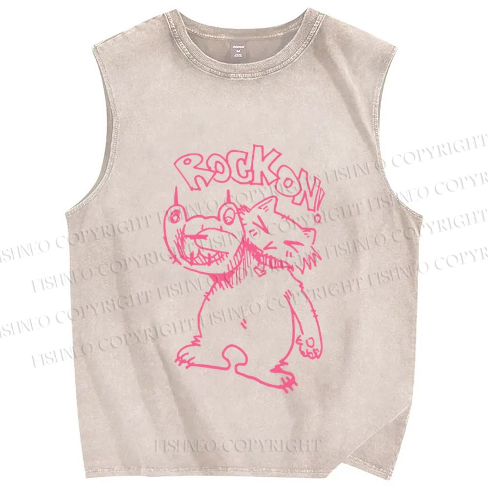 Unisex Punk Cat Rock On Printed Washed Tank Top