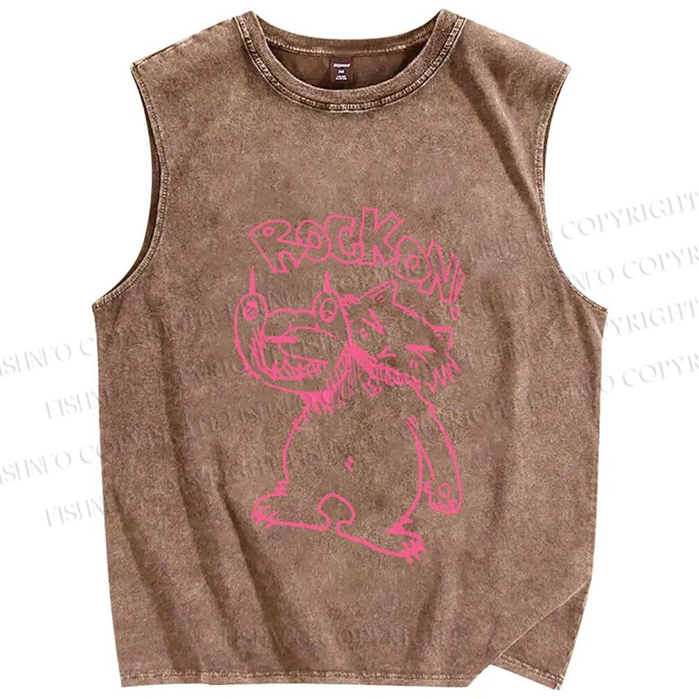 Unisex Punk Cat Rock On Printed Washed Tank Top