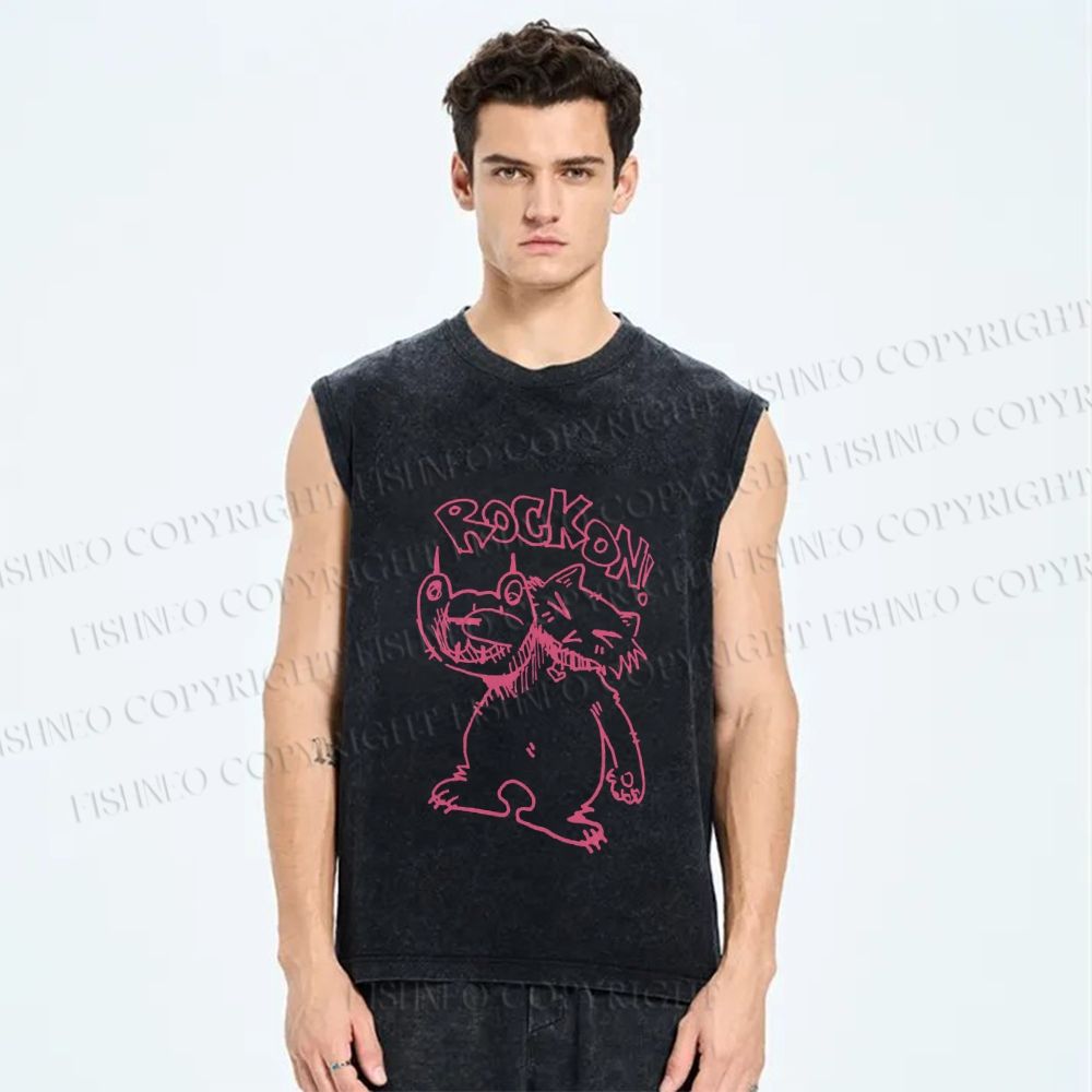 Unisex Punk Cat Rock On Printed Washed Tank Top