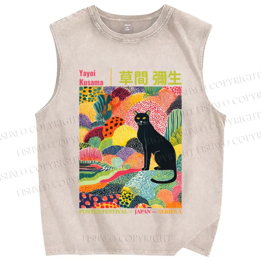 Unisex Black Cat Yayoi Kusama Printed Washed Tank Top