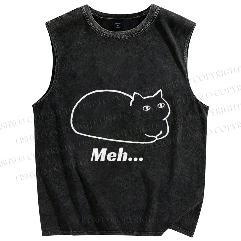 Unisex Meh Cat Printed Washed Tank Top