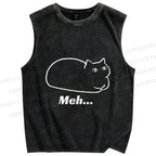 Unisex Meh Cat Printed Washed Tank Top