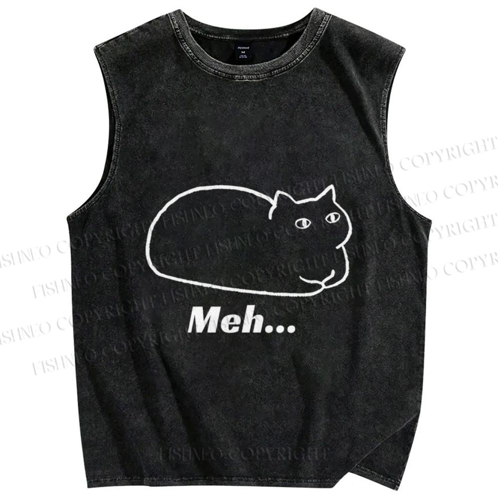 Unisex Meh Cat Printed Washed Tank Top