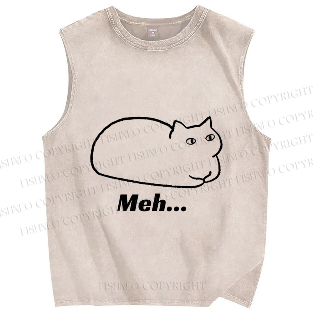 Unisex Meh Cat Printed Washed Tank Top
