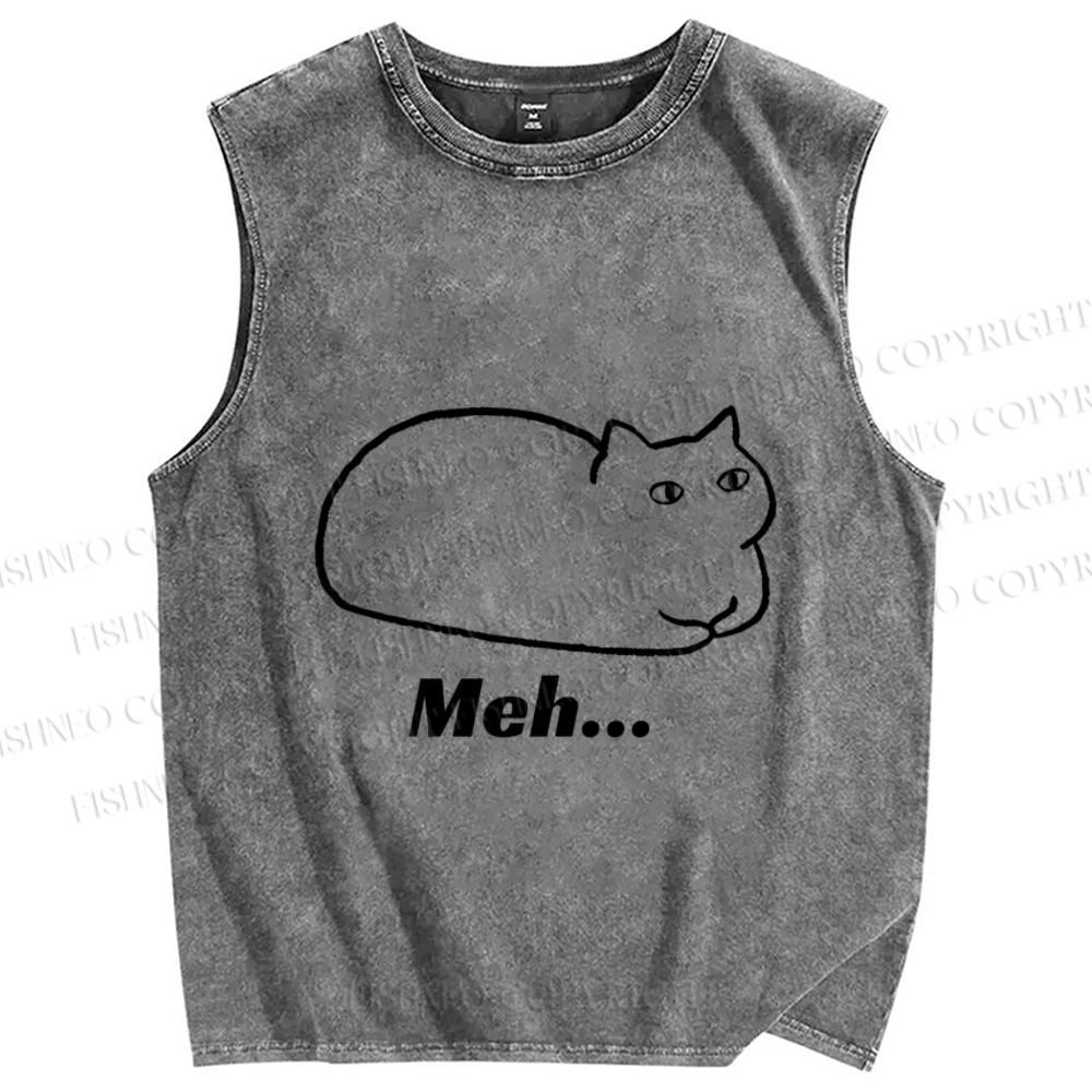 Unisex Meh Cat Printed Washed Tank Top