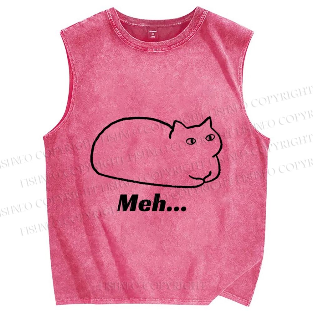 Unisex Meh Cat Printed Washed Tank Top