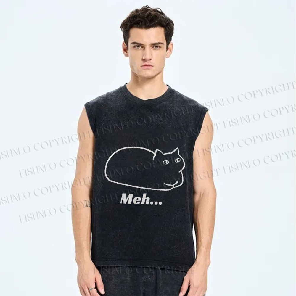 Unisex Meh Cat Printed Washed Tank Top