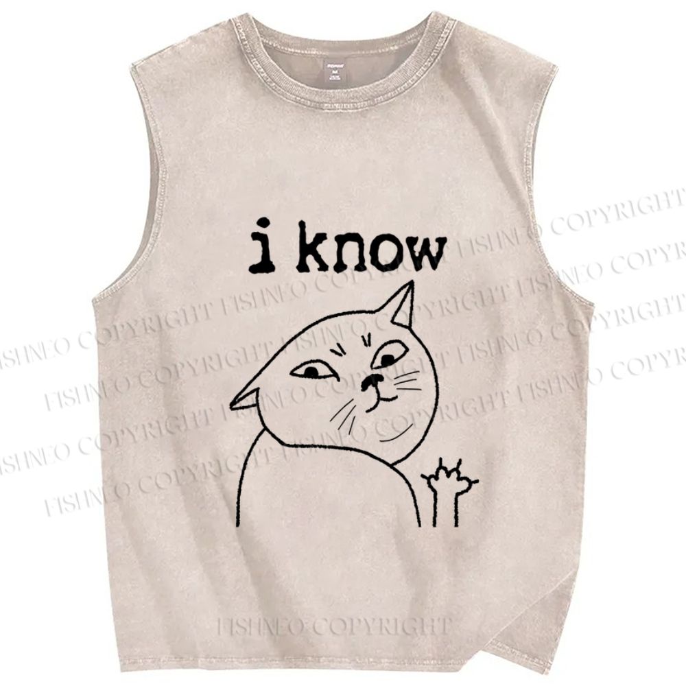 Unisex I Know Cat Printed Washed Tank Top