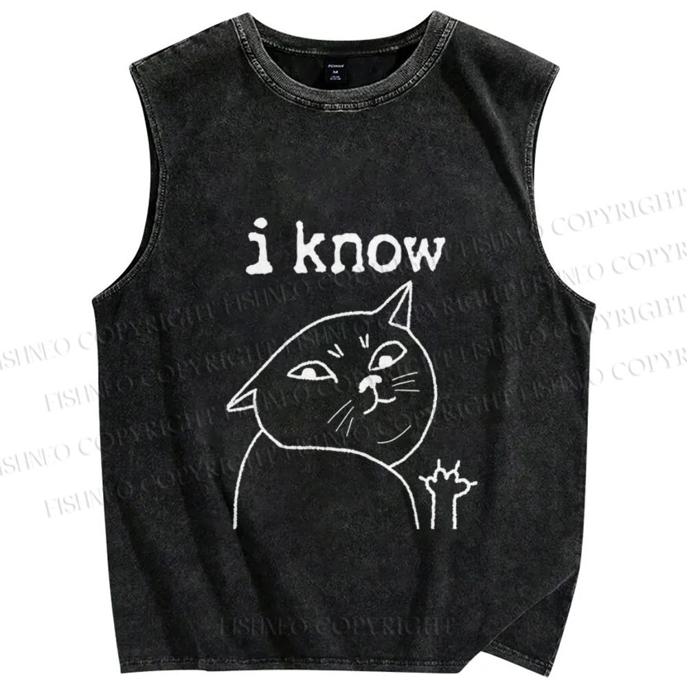 Unisex I Know Cat Printed Washed Tank Top