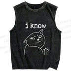 Unisex I Know Cat Printed Washed Tank Top