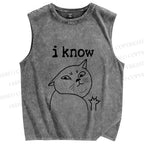 Unisex I Know Cat Printed Washed Tank Top