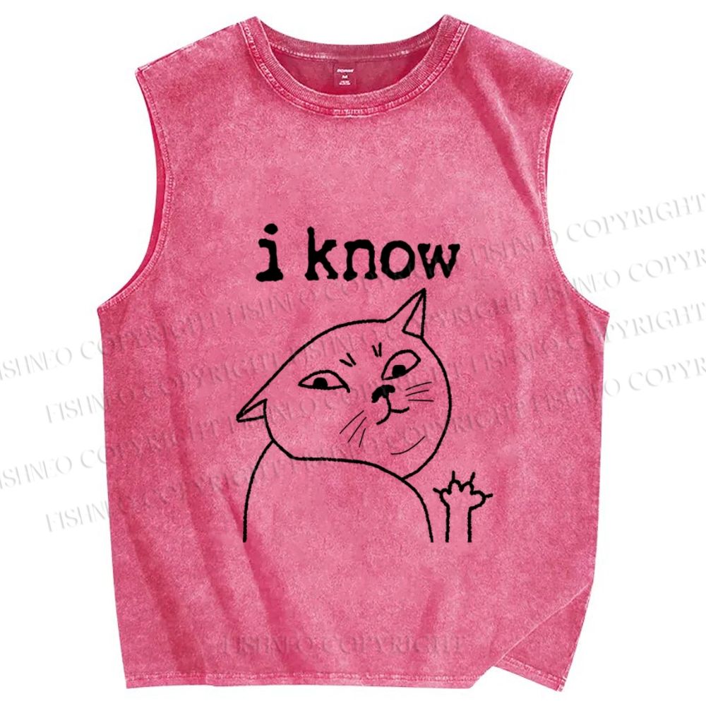 Unisex I Know Cat Printed Washed Tank Top