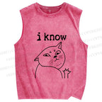 Unisex I Know Cat Printed Washed Tank Top