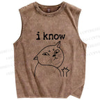 Unisex I Know Cat Printed Washed Tank Top