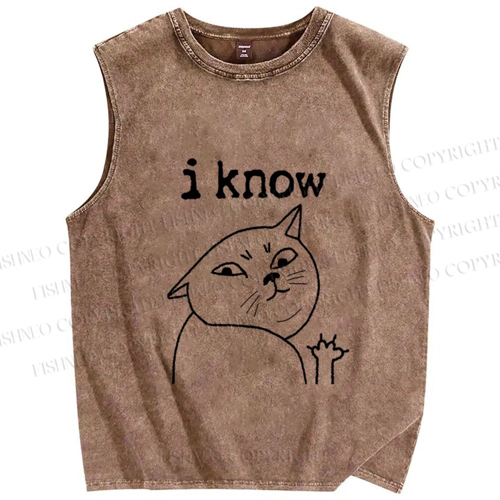 Unisex I Know Cat Printed Washed Tank Top
