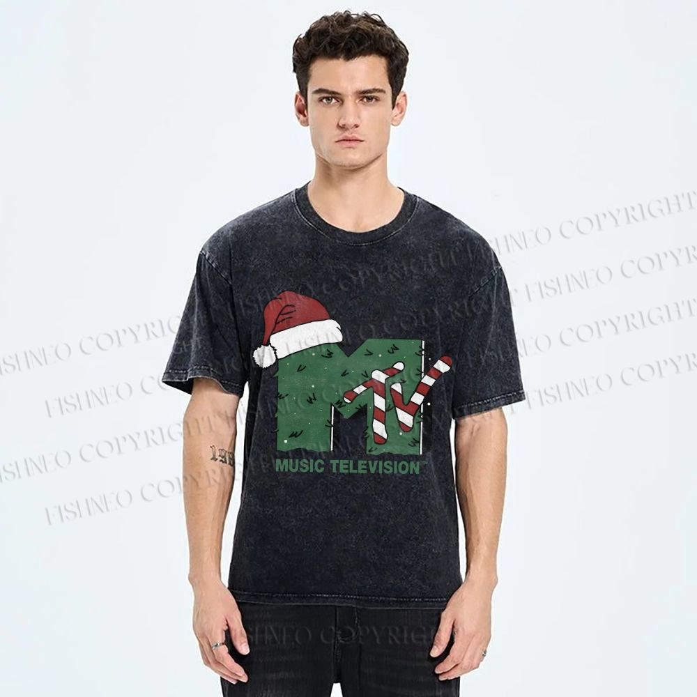Unisex MTV in Christmas Printed Washed Tee