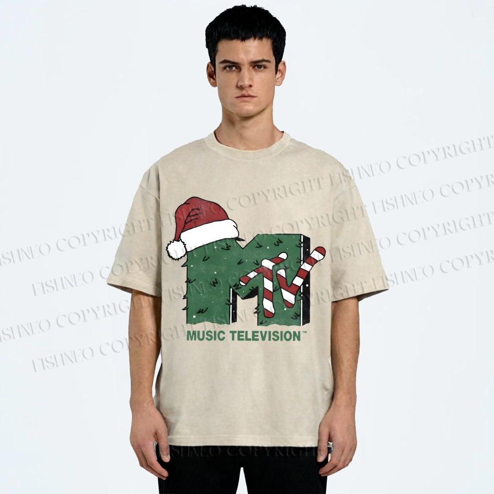 Unisex MTV in Christmas Printed Washed Tee