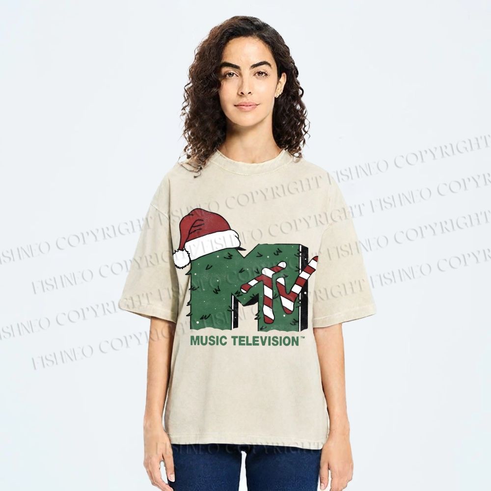 Unisex MTV in Christmas Printed Washed Tee