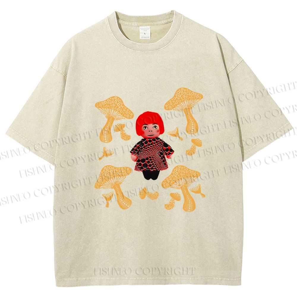 Unisex Yayoi Kusama With Mushrooms Printed Washed Tee