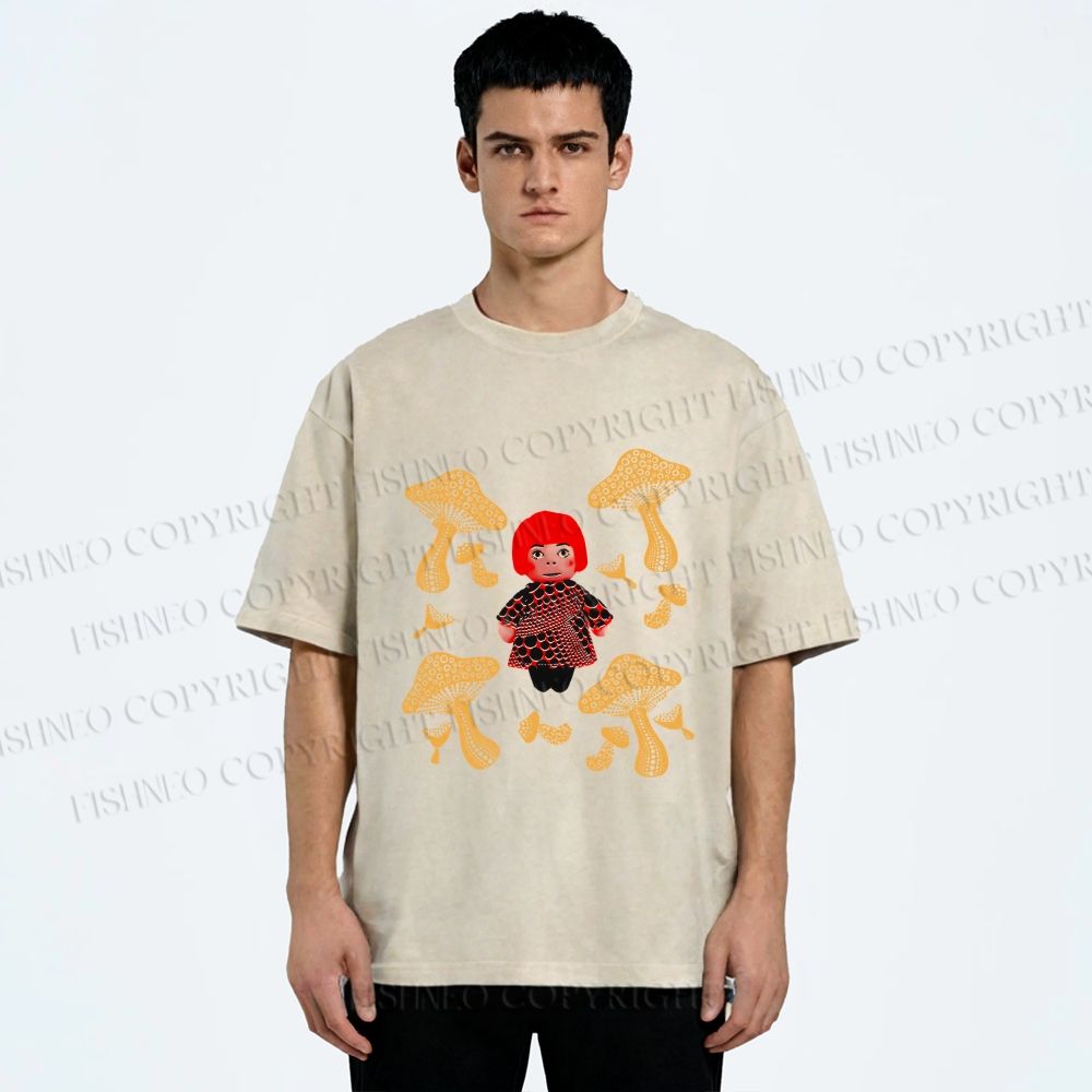 Unisex Yayoi Kusama With Mushrooms Printed Washed Tee