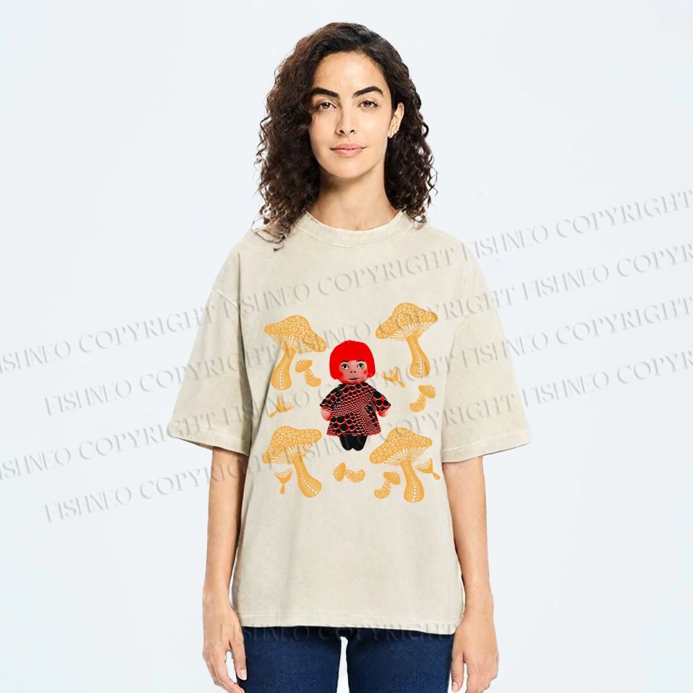 Unisex Yayoi Kusama With Mushrooms Printed Washed Tee