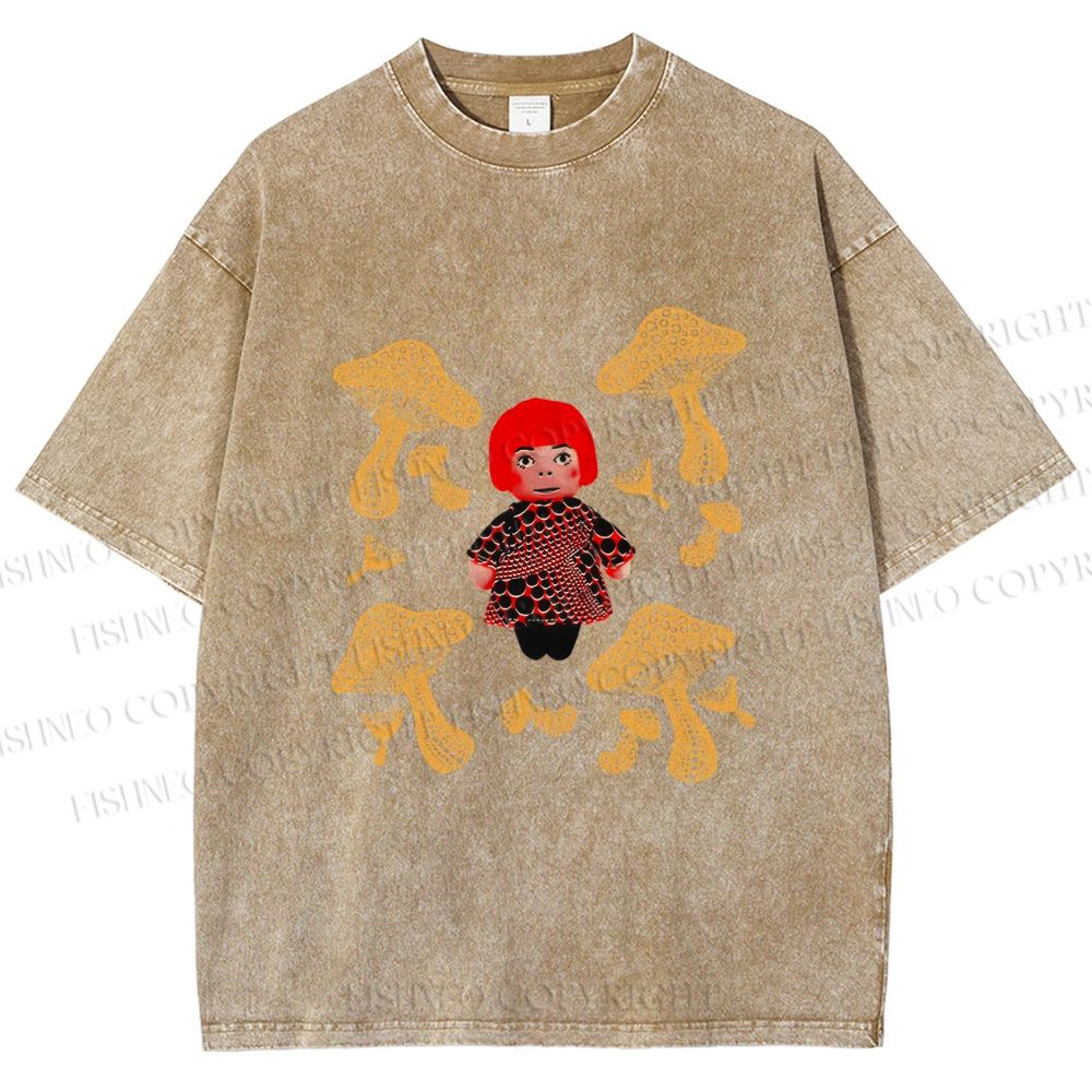 Unisex Yayoi Kusama With Mushrooms Printed Washed Tee