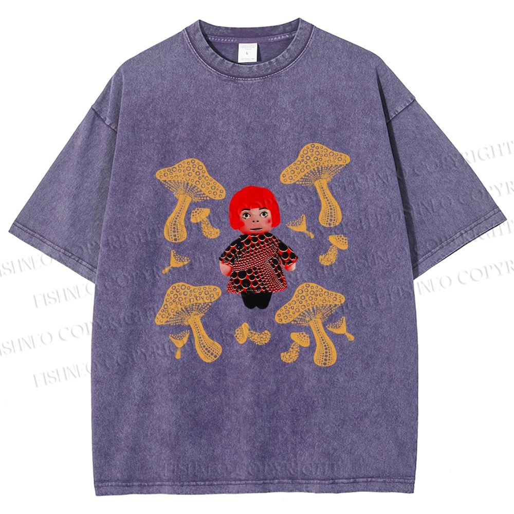 Unisex Yayoi Kusama With Mushrooms Printed Washed Tee