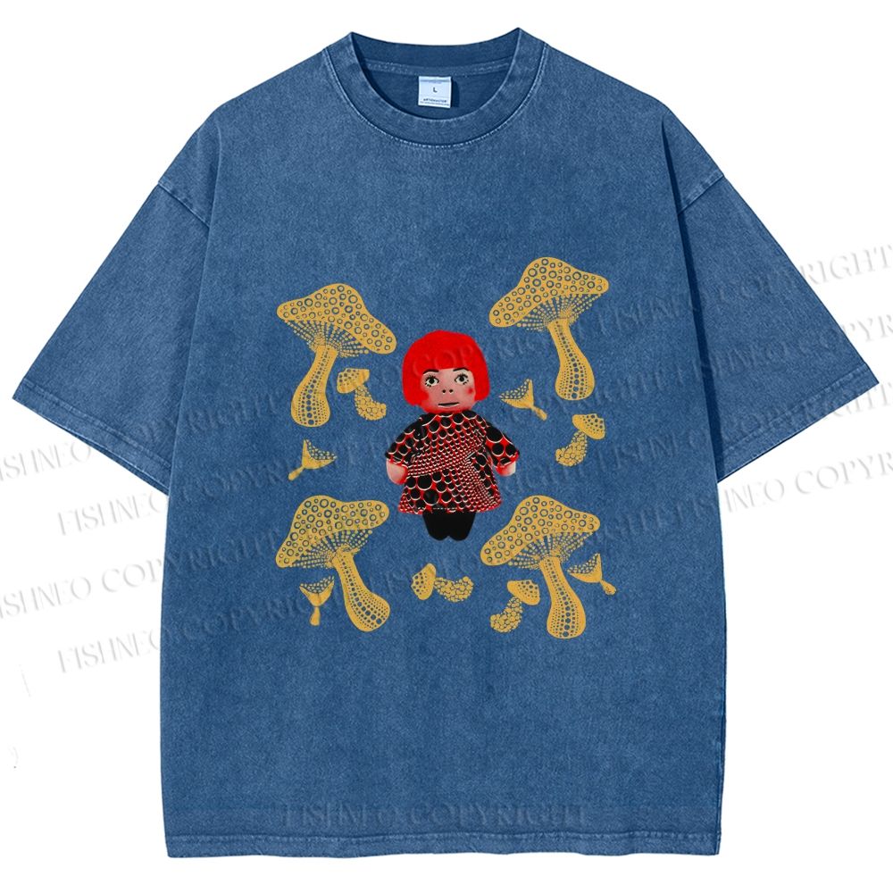 Unisex Yayoi Kusama With Mushrooms Printed Washed Tee