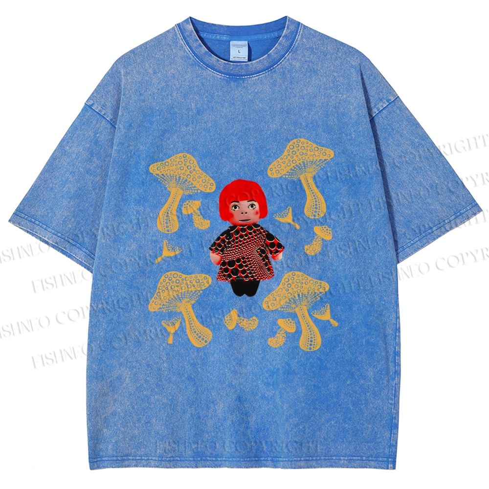Unisex Yayoi Kusama With Mushrooms Printed Washed Tee