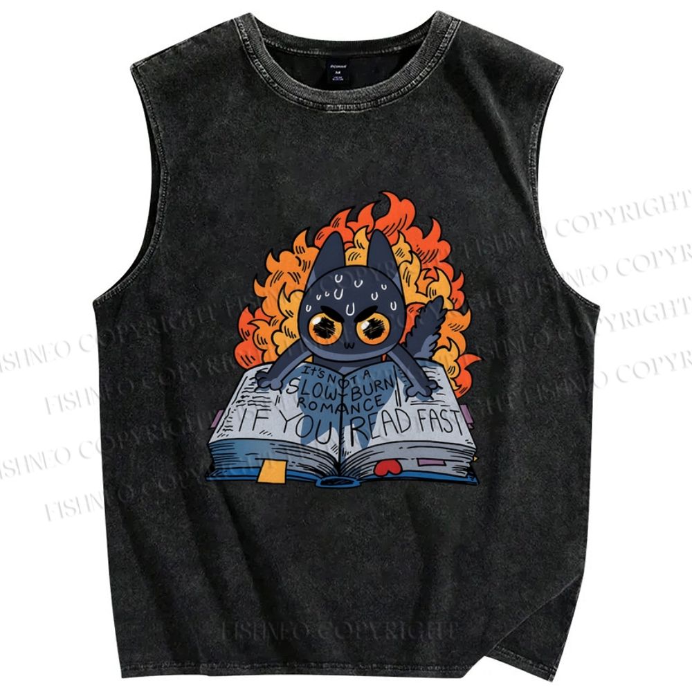 Unisex Reading Cat Printed Washed Tank Top