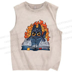 Unisex Reading Cat Printed Washed Tank Top