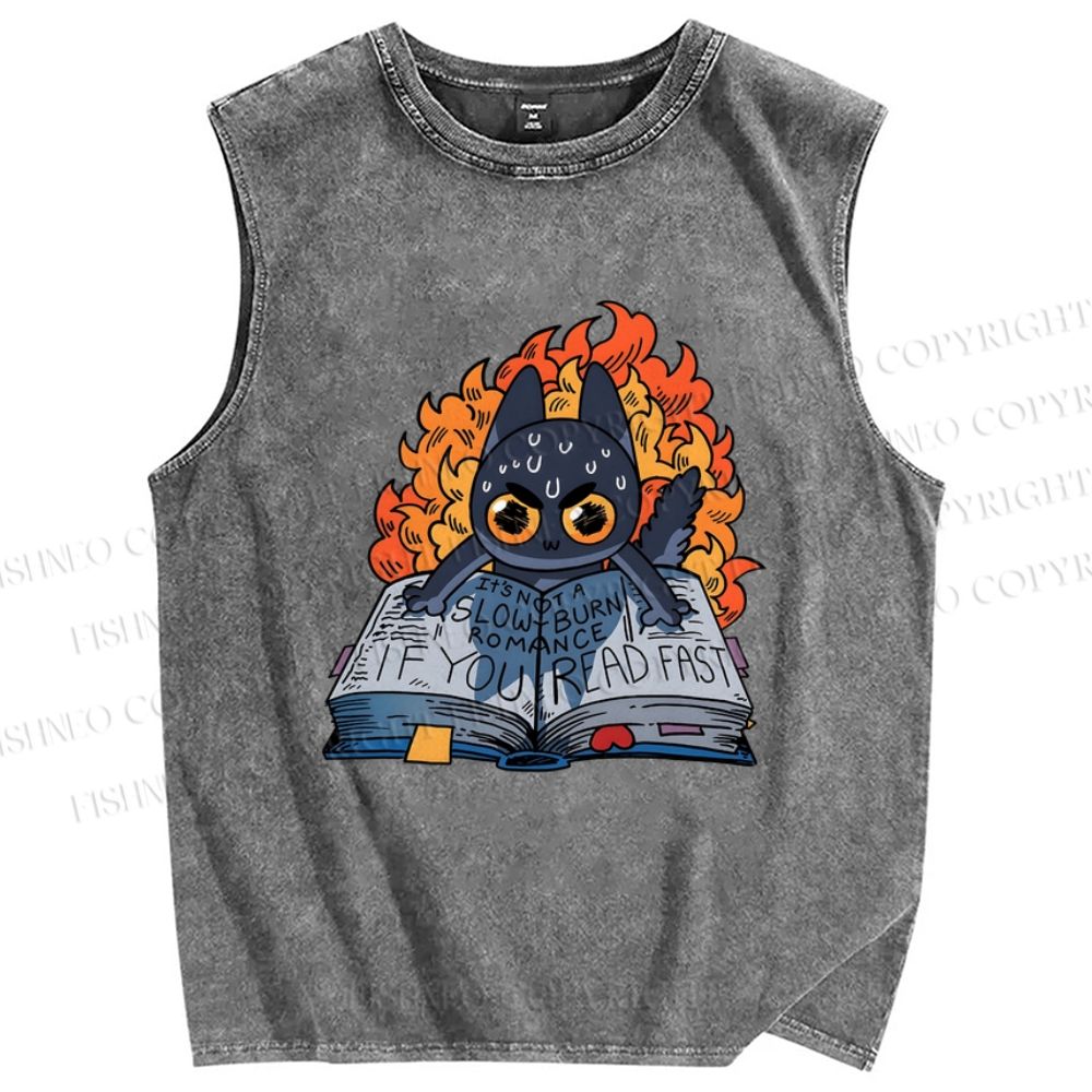 Unisex Reading Cat Printed Washed Tank Top