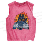 Unisex Reading Cat Printed Washed Tank Top