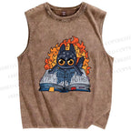 Unisex Reading Cat Printed Washed Tank Top