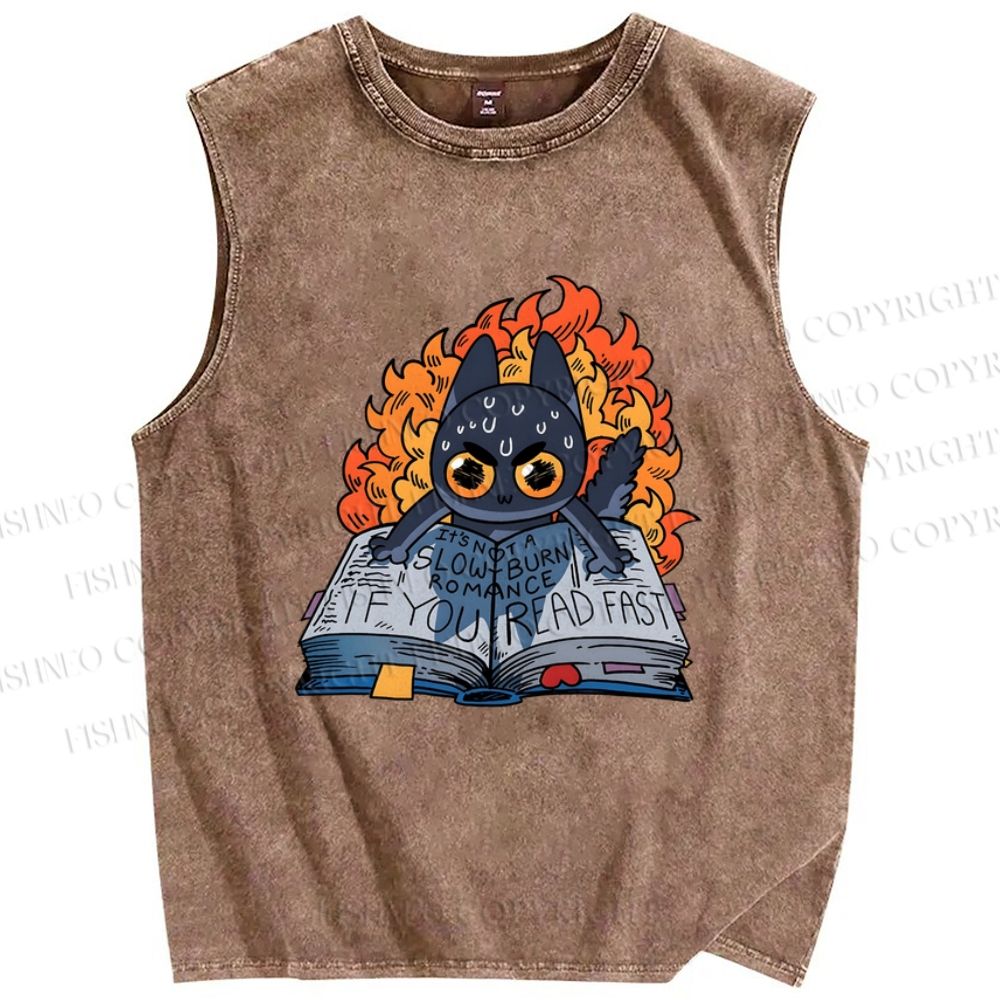 Unisex Reading Cat Printed Washed Tank Top