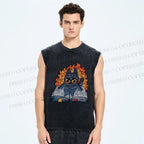 Unisex Reading Cat Printed Washed Tank Top