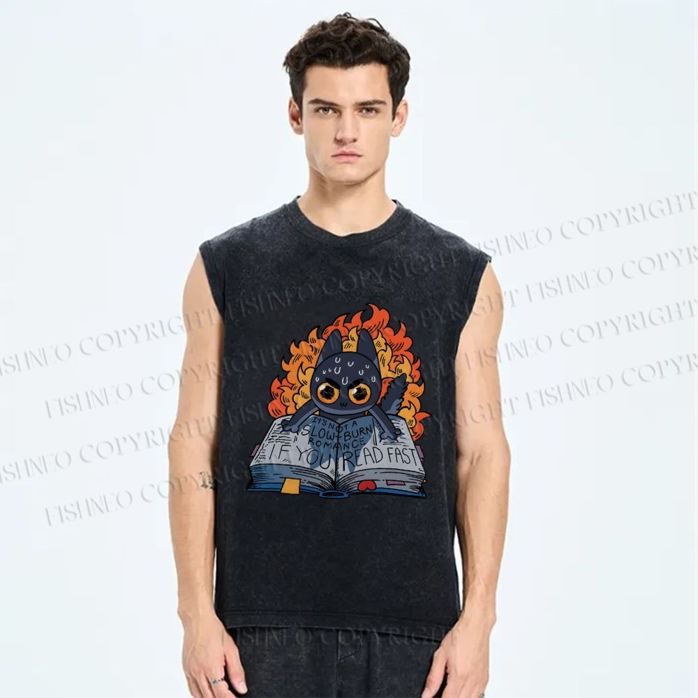 Unisex Reading Cat Printed Washed Tank Top
