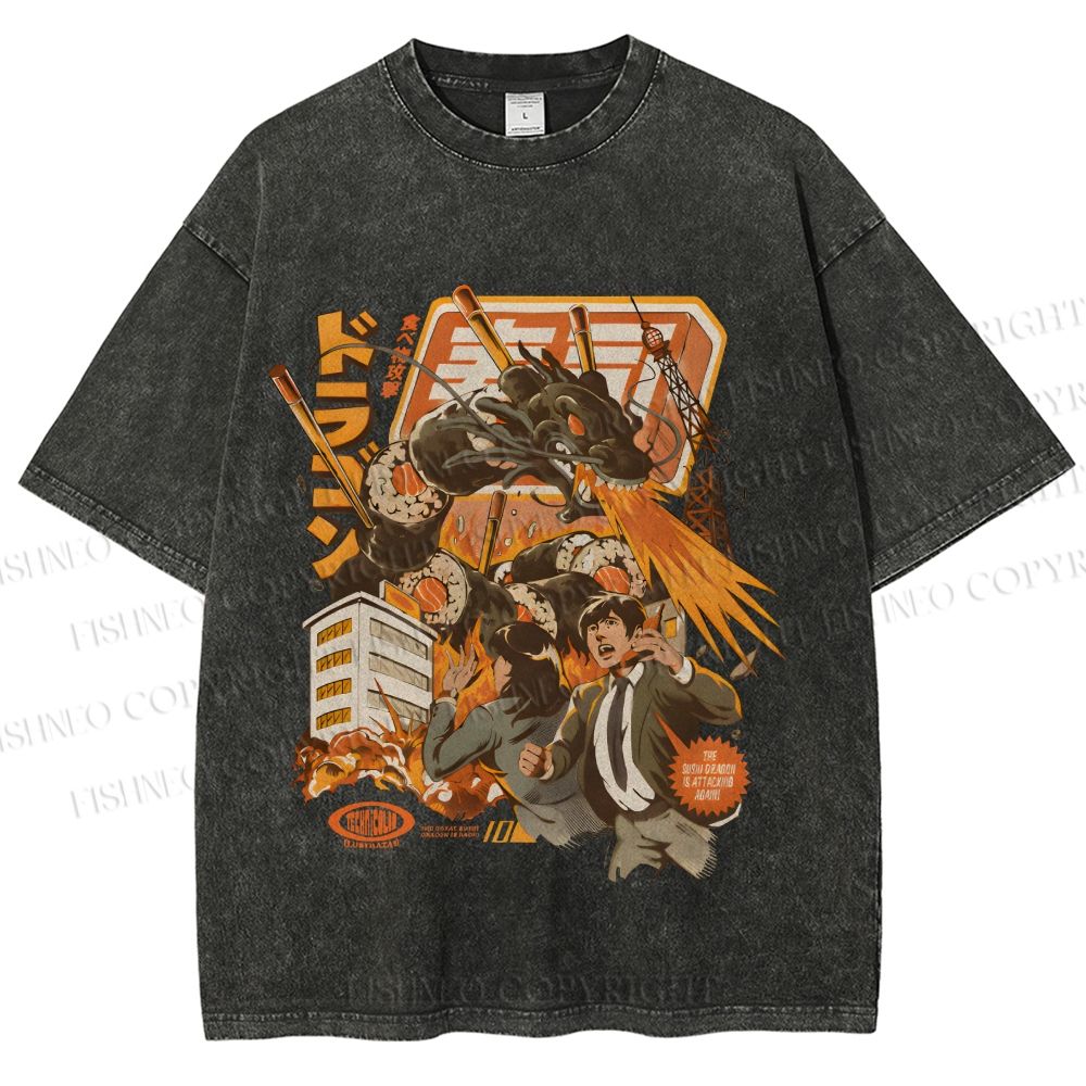 Unisex Sushi Dragon Attack Japanese Printed Washed Tee
