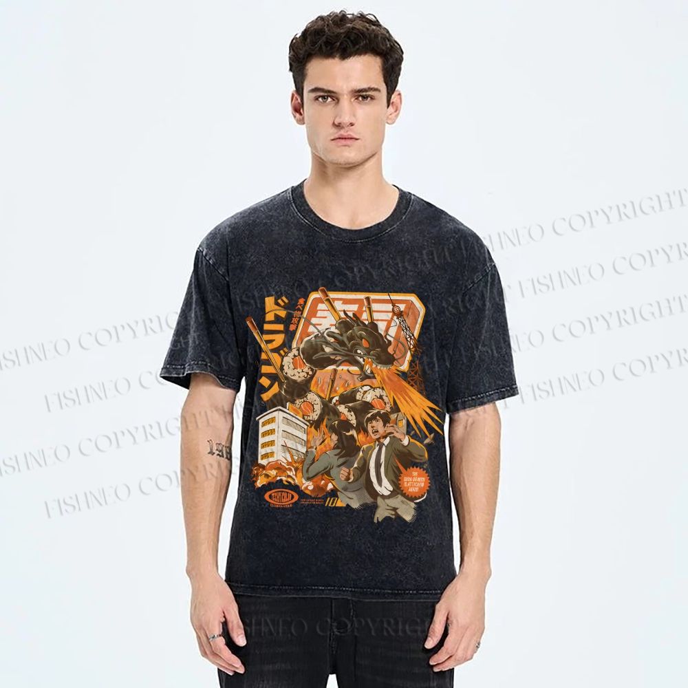 Unisex Sushi Dragon Attack Japanese Printed Washed Tee