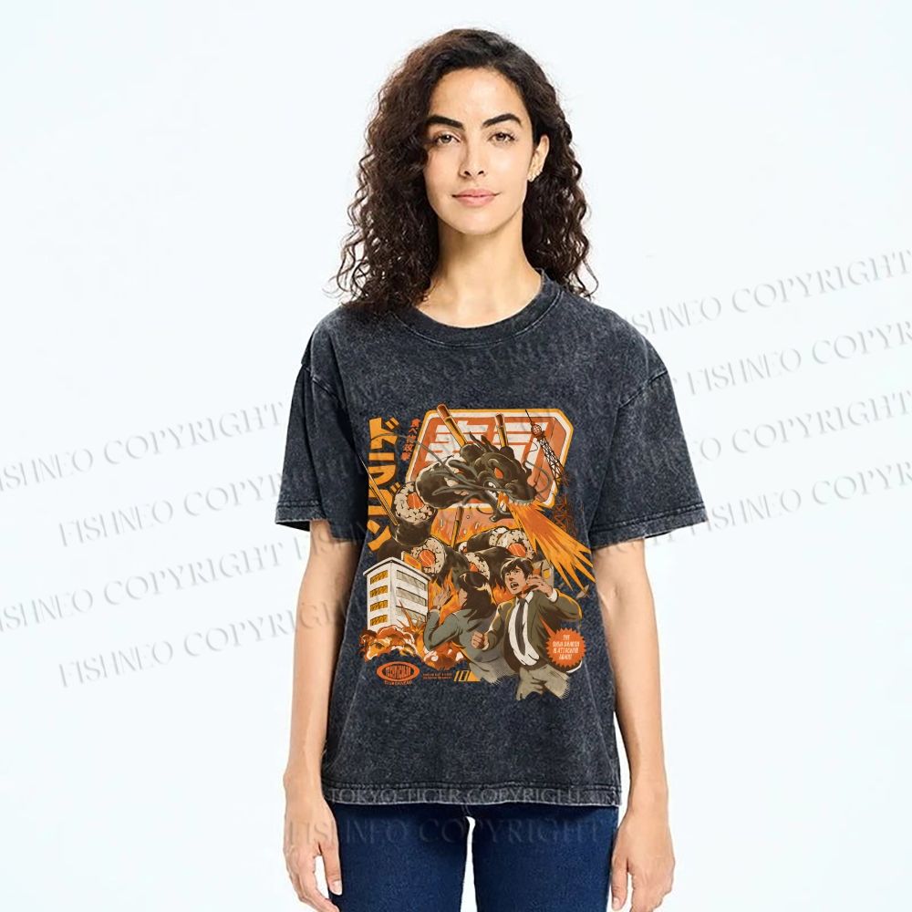 Unisex Sushi Dragon Attack Japanese Printed Washed Tee