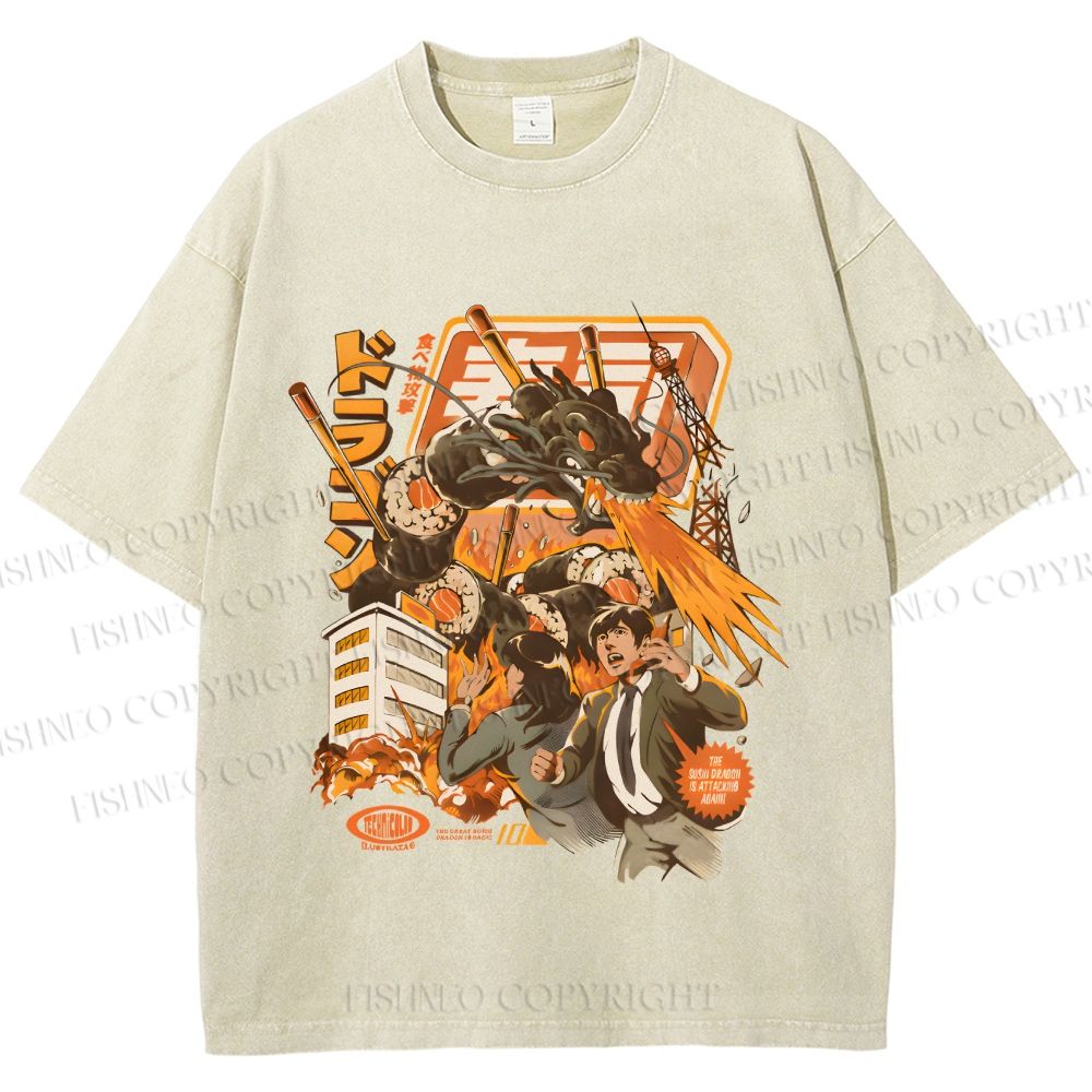 Unisex Sushi Dragon Attack Japanese Printed Washed Tee