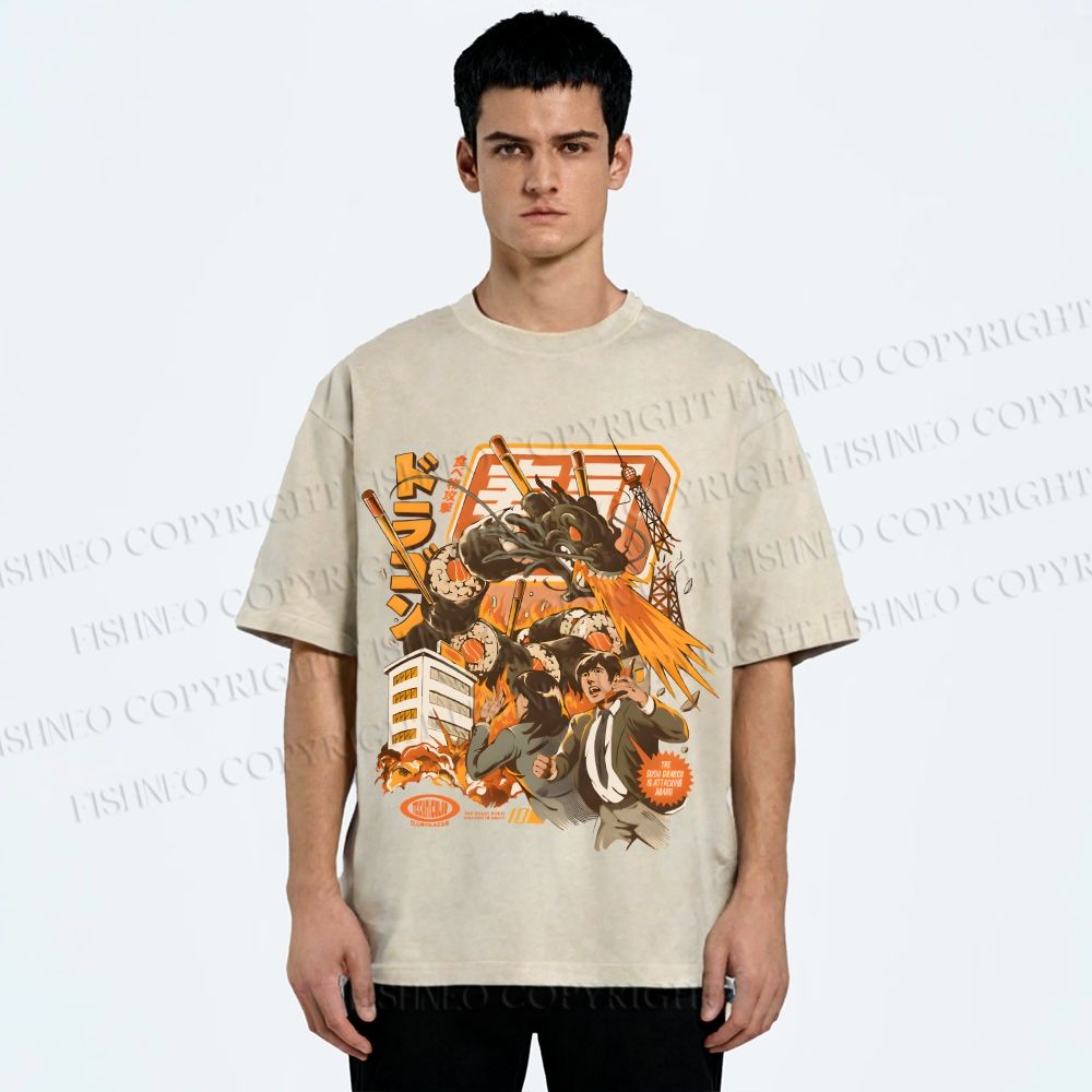Unisex Sushi Dragon Attack Japanese Printed Washed Tee