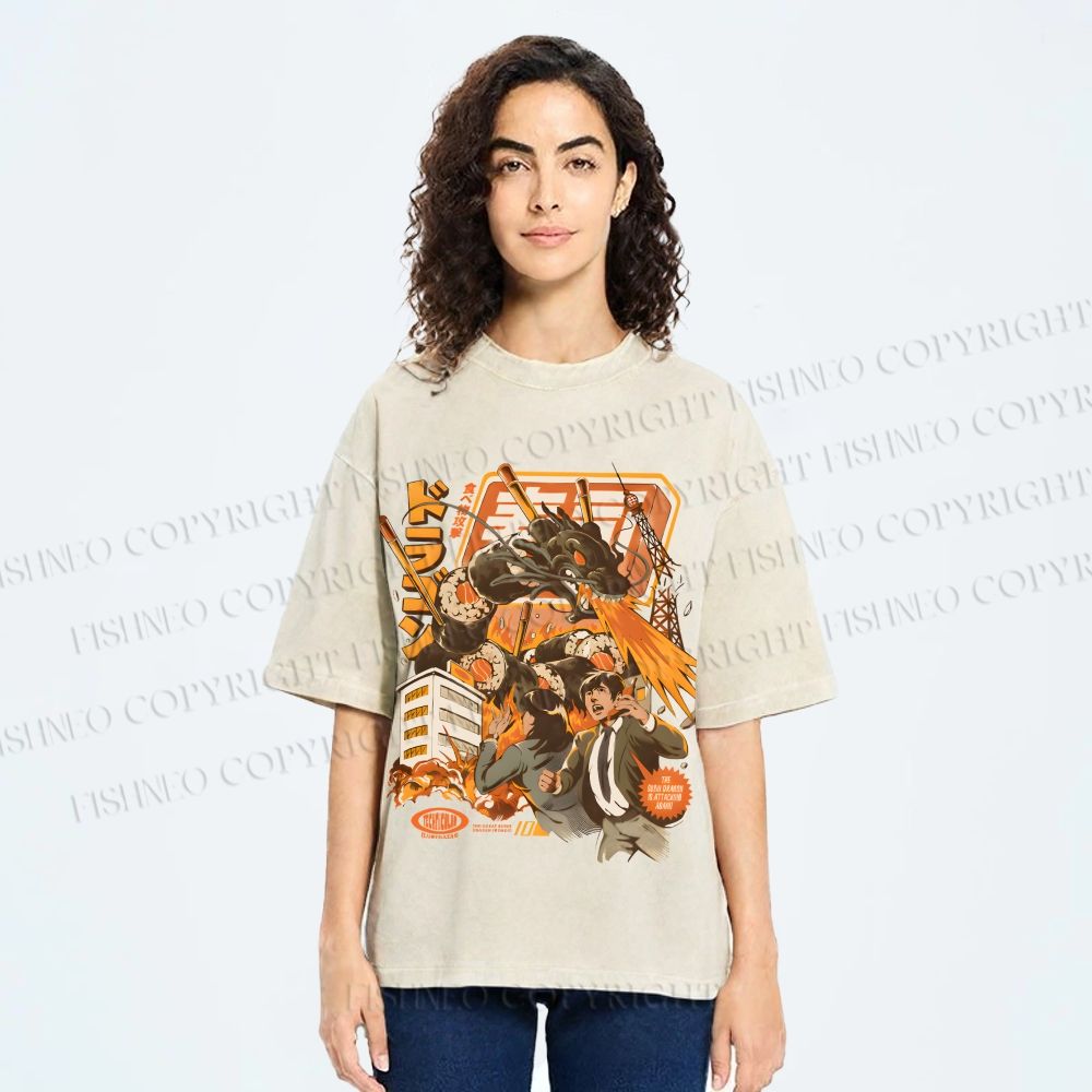 Unisex Sushi Dragon Attack Japanese Printed Washed Tee