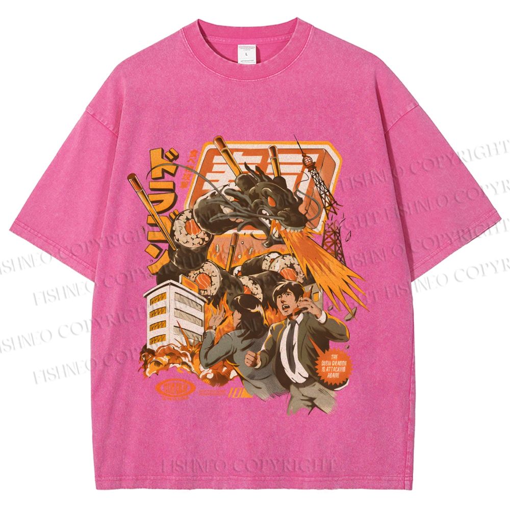 Unisex Sushi Dragon Attack Japanese Printed Washed Tee