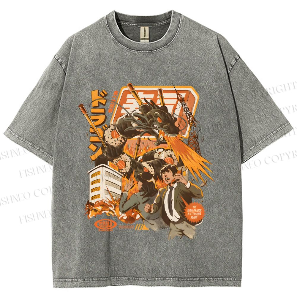 Unisex Sushi Dragon Attack Japanese Printed Washed Tee